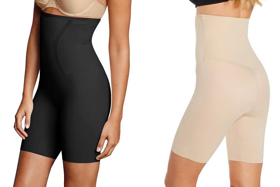 Thigh shapers with curved side seams provide a more defined waist.