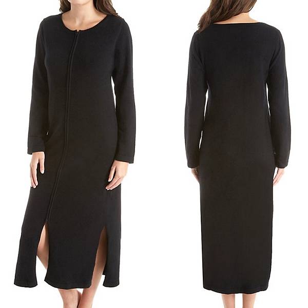 A favorite womens cashmere robe style offers a front zipper for easy access.