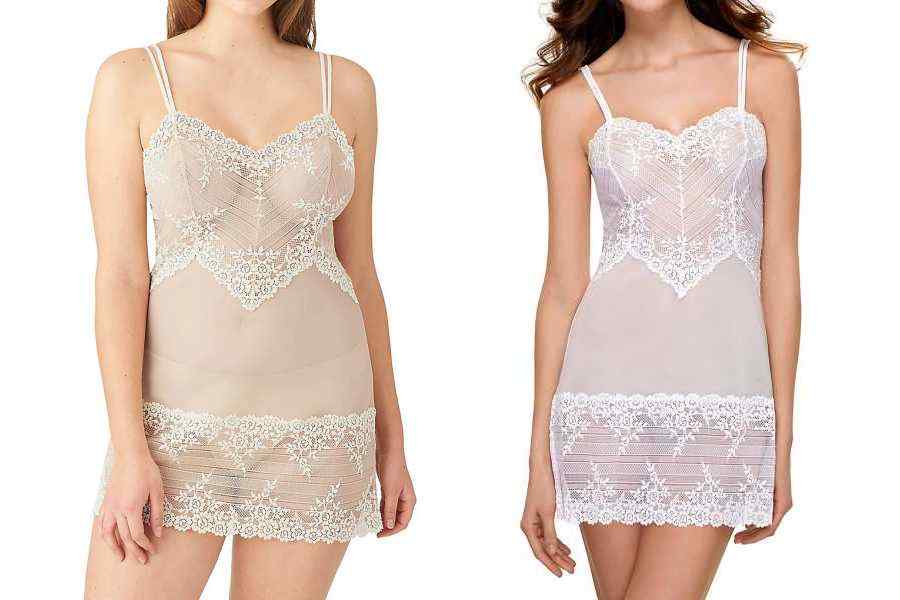 A chemise with sheer mesh and lace accents is a beautiful look!