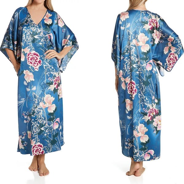 A satin nightgown in a colorful floral print has amazing style.